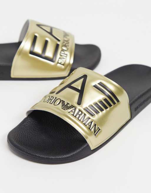 Armani EA7 Visibility contrast logo sliders in black gold ASOS