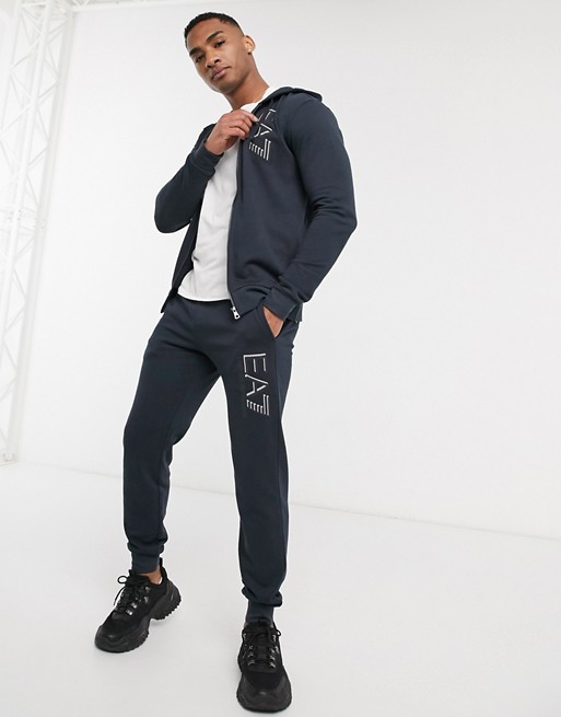 Armani EA7 Visibility large logo french terry zip thru tracksuit in navy
