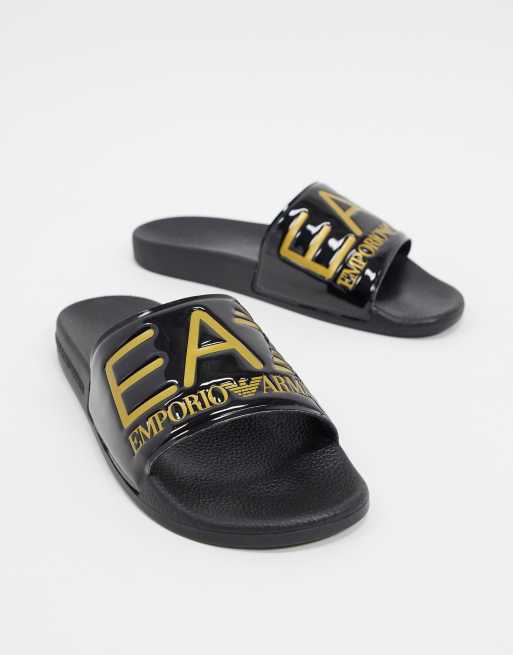 Men's EA7 Emporio Armani Slippers Sandals Black Gold Gold Sea Pool Slippers