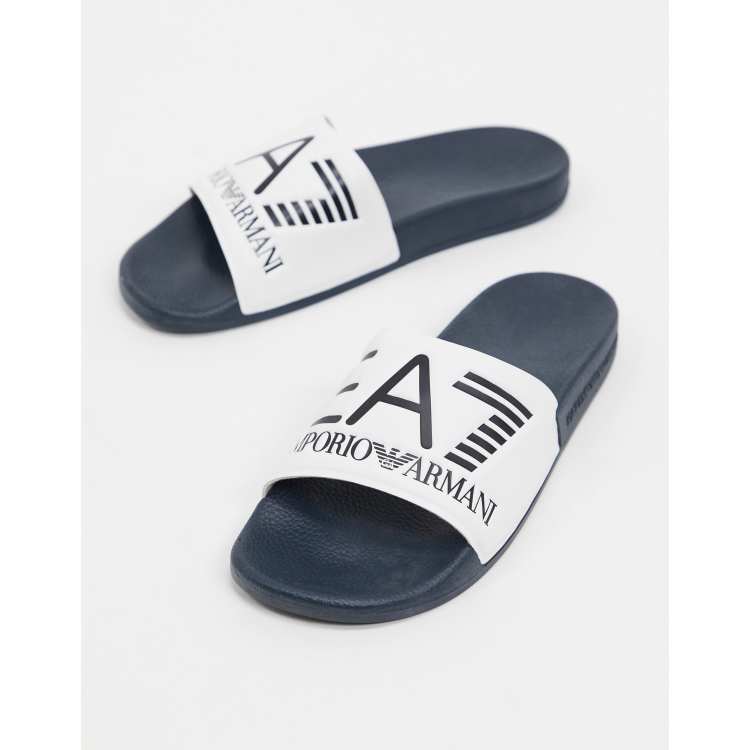 Armani EA7 Visibility logo sliders in white navy ASOS