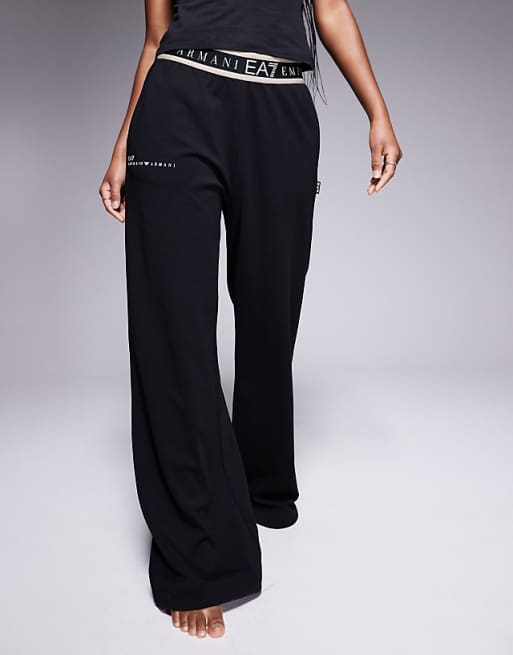 Armani EA7 wide leg pants with logo waistband in black | ASOS Armani EA7 wide leg pants with logo waistband in black | ASOS