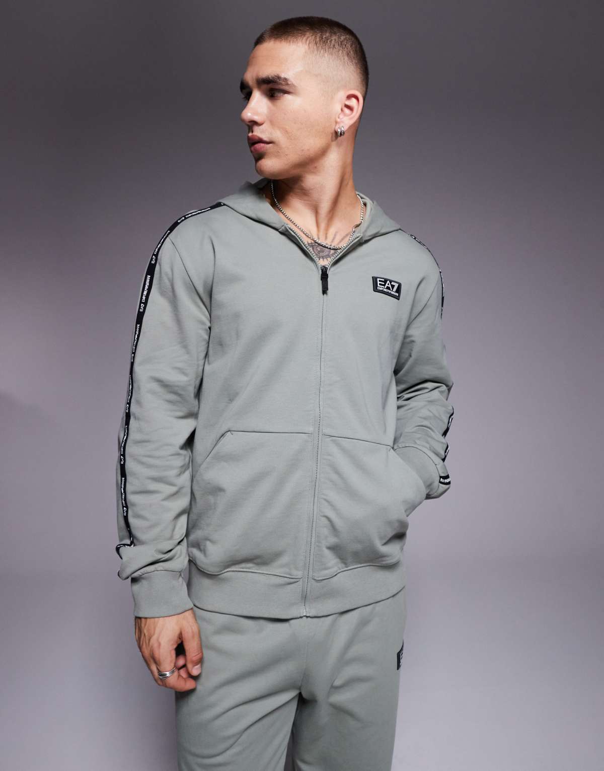 Armani EA7 zip hoodie co-ord with logo tape detail in sage green