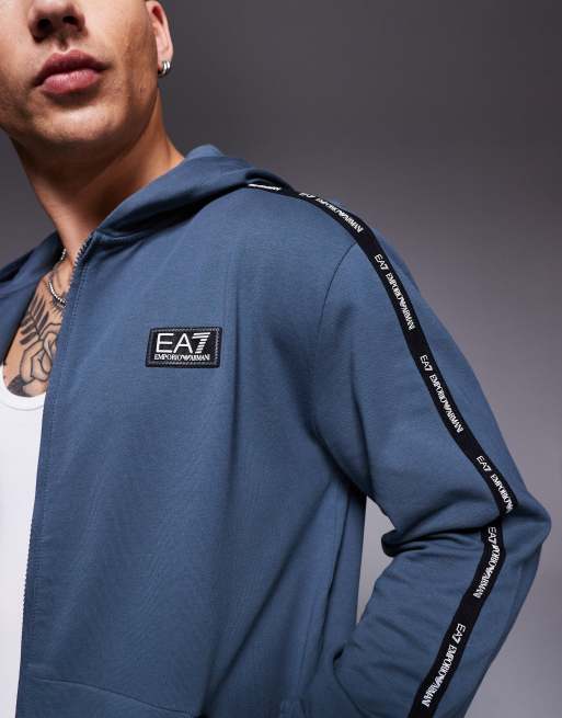 Armani EA7 zip hoodie with logo tape detail in dark gray