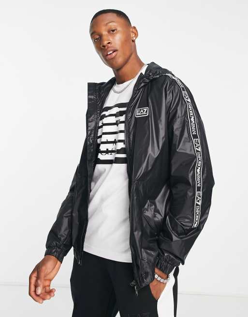 Waarneembaar B.C. Maak het zwaar Armani EA7 zip through hooded bomber jacket with arm taping in black | ASOS