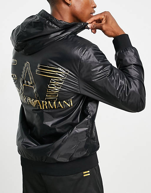Bereiken ijsje verzameling Armani EA7 zip through hooded bomber jacket with back print in black | ASOS