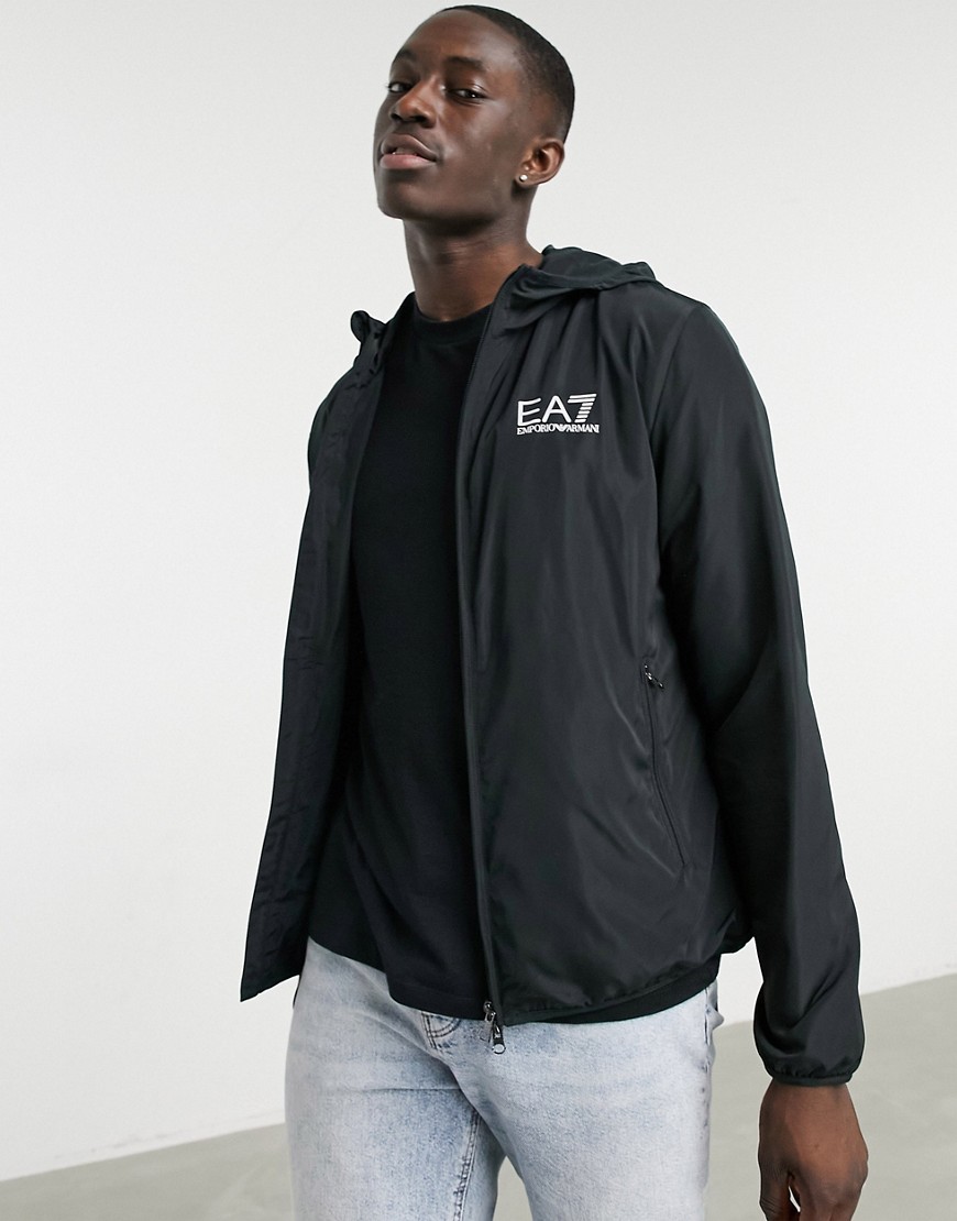 Ea7 Armani  Zip Through Hooded Bomber Jacket With Contrast Details In Black