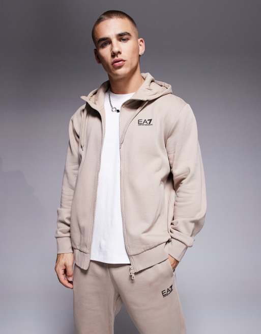 【EMPORIO ARMANI】 Men's Zigzag Embroidered Hoodie: ★ Beige Hooded sweatshirt with contrasting sleeves | Armani Exchange