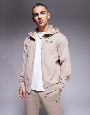 Ea7 Armani  Zip Through Logo Hoodie And Sweatpants Set In Neutral