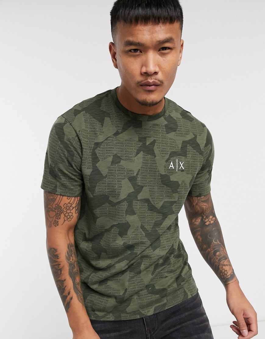 Armani Exchange all over camo print t-shirt in khaki-Green