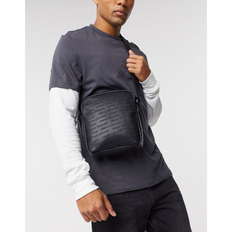 ARMANI EXCHANGE All-Over Embossed Monogram Flat Crossbody Bag with Shoulder Strap For Men (Black, OS)