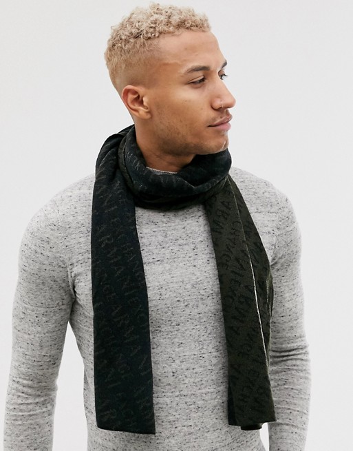 Armani Exchange all over logo scarf in black and khaki