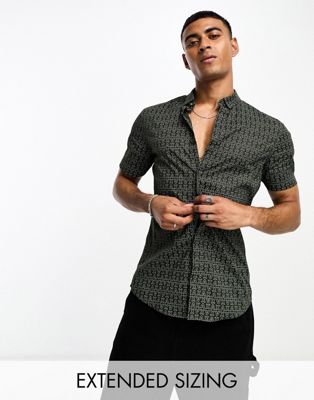 Armani Exchange all over logo short sleeve shirt in khaki - ASOS Price Checker