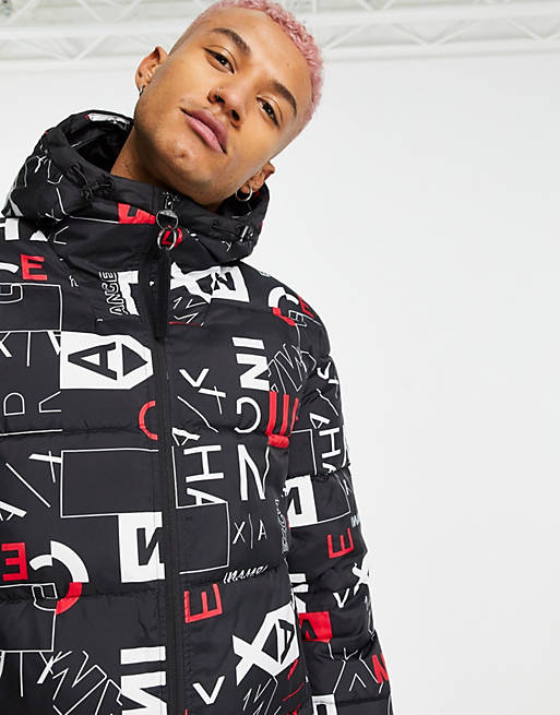 Armani Exchange all-over print recycled materials puffer jacket in black |  ASOS