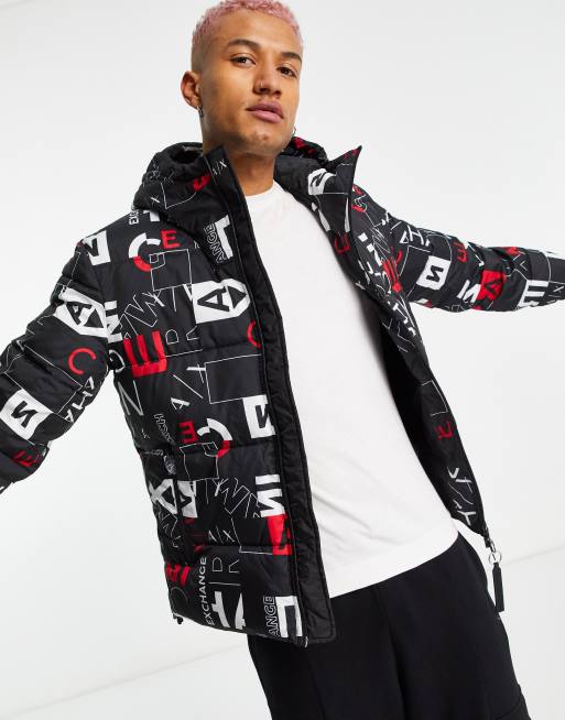 Armani Exchange all over print recycyled materials puffer jacket in black |  ASOS