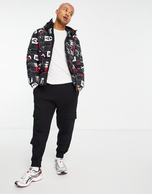 Armani Exchange all over print recycyled materials puffer jacket in black |  ASOS