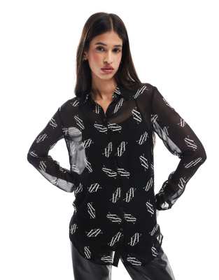 Armani Exchange all over print sheer shirt in black