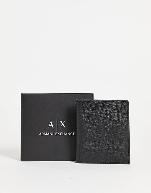 Armani Exchange AX – Czarne skórzane etui na karty z wytłoczonym logo
