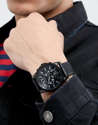 Chronograph Leather Watch In Black 