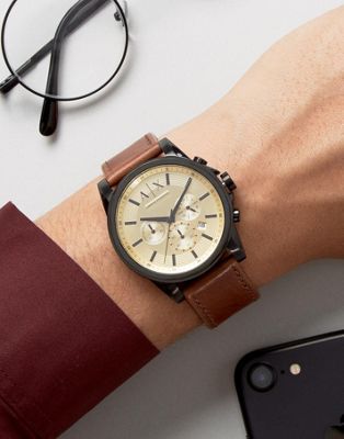 Chronograph Leather Watch In Brown 