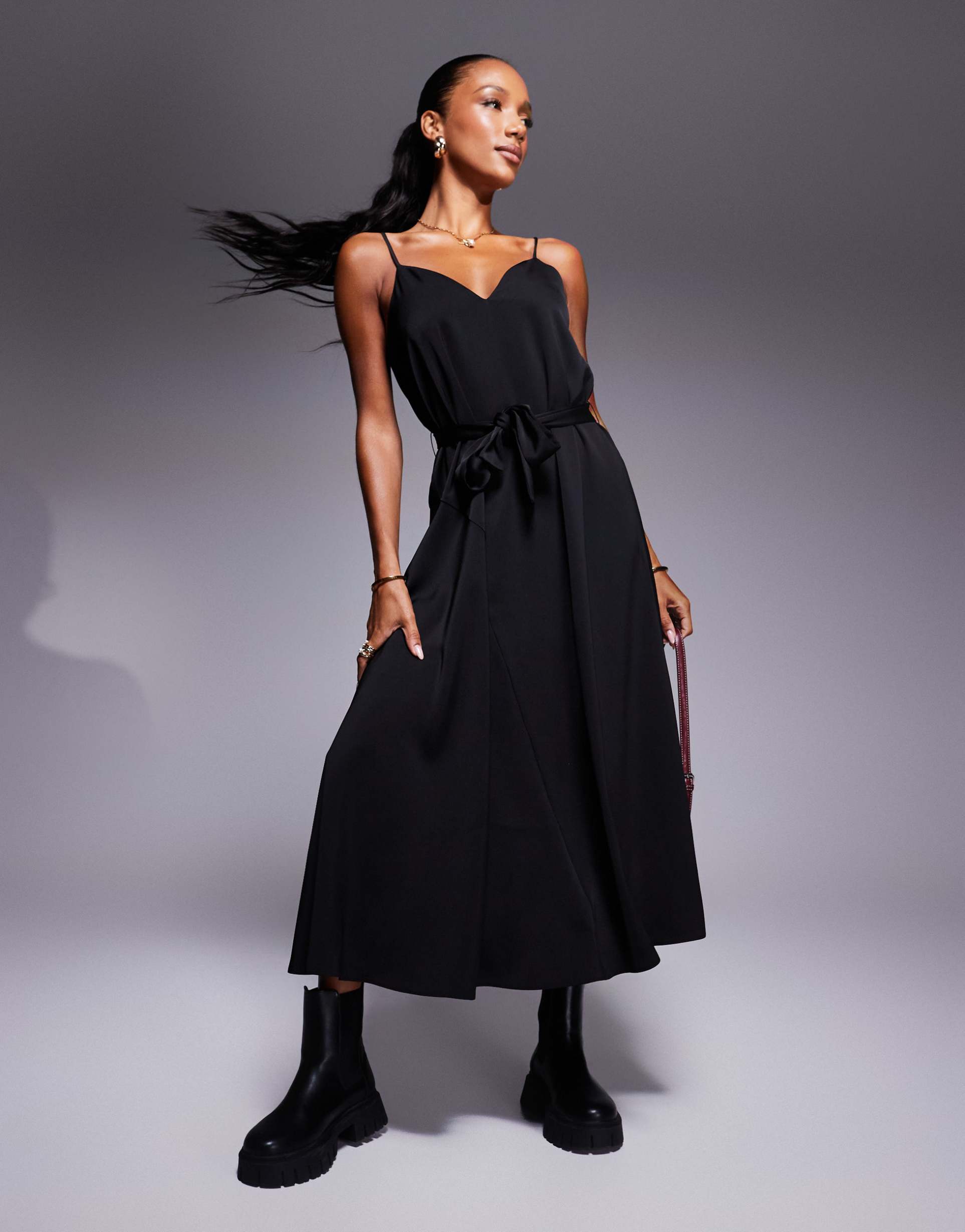 armani exchange belted a-line midi dress in black