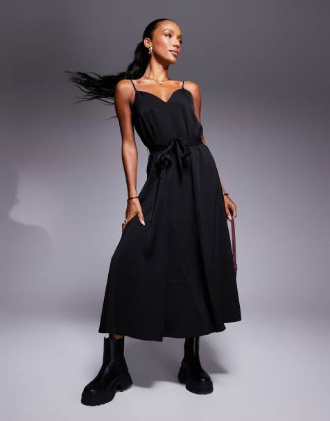 Armani Exchange belted a-line midi dress in black