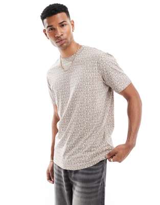 boxy fit t-shirt in beige with all over lettering print-Neutral