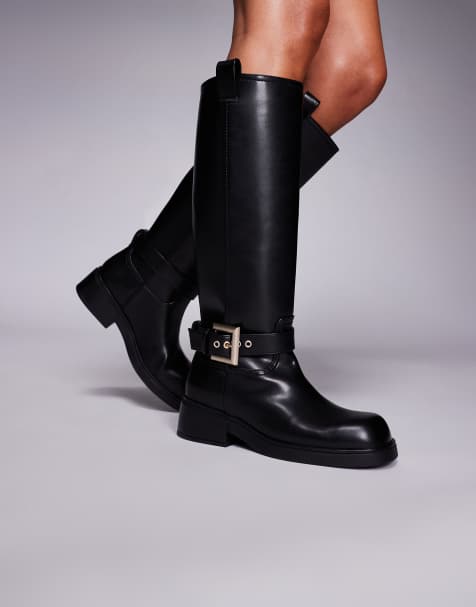 Armani Exchange buckle knee high boots in black - view 1