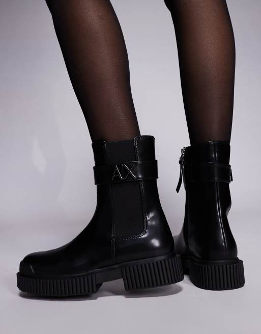 Armani Exchange buckle logo ankle boots in black, 3 of 4