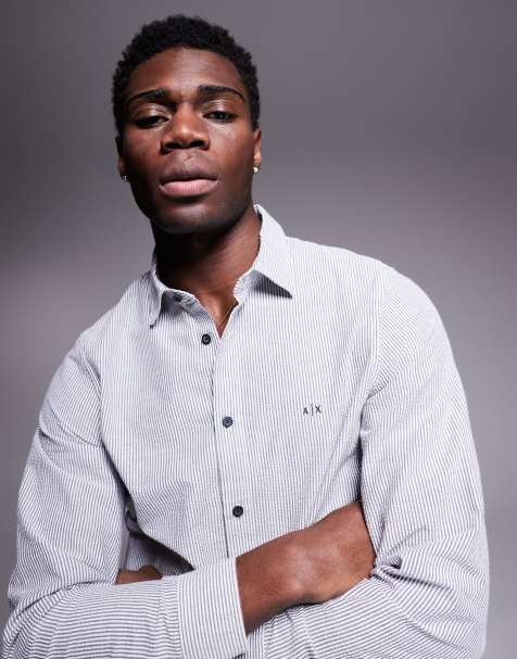 Armani Exchange - Camicia bianca e blu navy a righe con logo - view 1