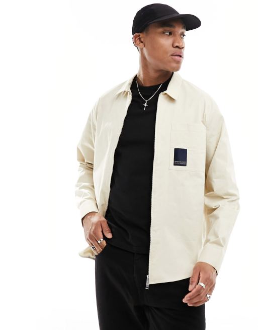 Armani Exchange Camicia giacca ampia beige con zip sul davanti ed etichetta del logo sulla tasca ASOS