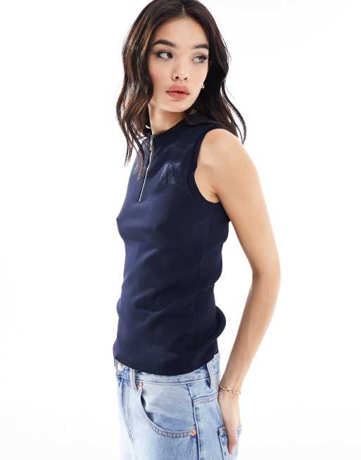 Armani Exchange Canotta in maglia blu navy con zip corta