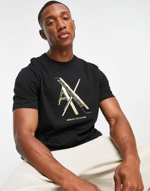 Armani Exchange center logo T-shirt in black & gold | ASOS