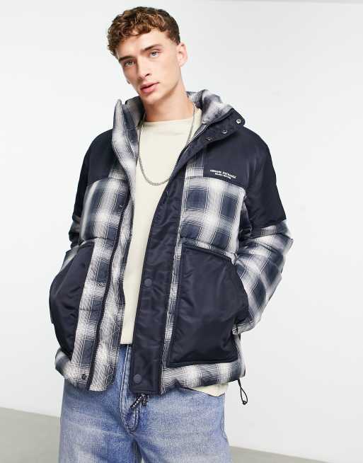 Armani Exchange check puffer coat in navy | ASOS