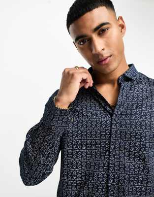 Armani Exchange all over logo long sleeve shirt in navy - ASOS Price Checker