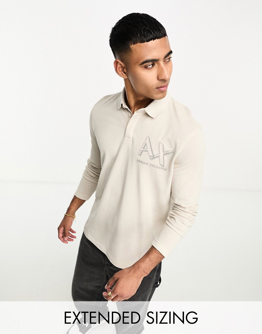 Armani Exchange chest logo long sleeve polo shirt in light beige-Neutral