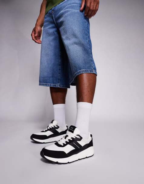 Armani Exchange chunky faux suede mix logo sneakers in black and off white - view 1