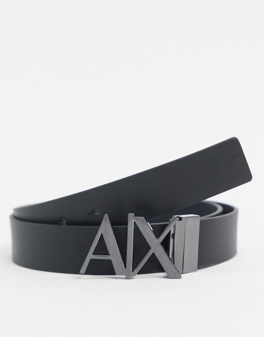 Armani Exchange - Cintura in pelle double-face nera/grigia con logo sulla fibbia-Nero