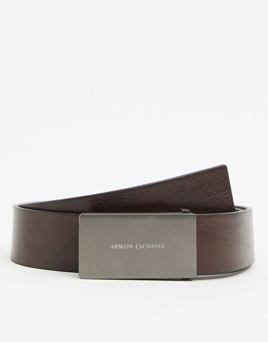 Armani Exchange - Cintura in pelle marrone con placca con logo