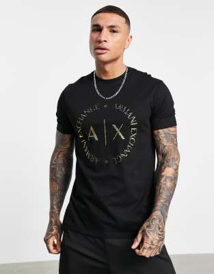 Armani Exchange circle gold logo T-shirt in black | ASOS