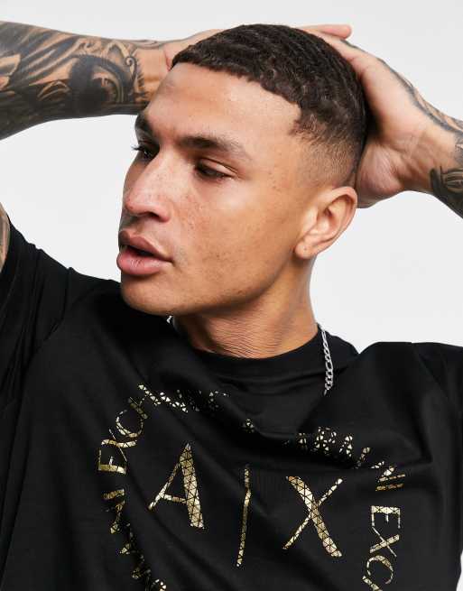 Armani Exchange circle gold logo T-shirt in black | ASOS