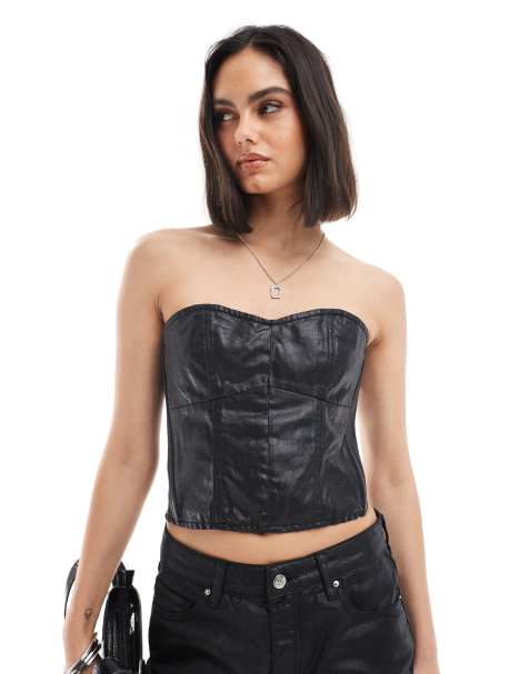 Armani Exchange co-ord coated strapless top in black - view 1