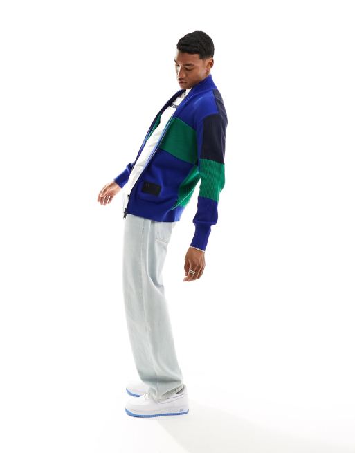 Armani Exchange color block knit zip up sweater in blue and green