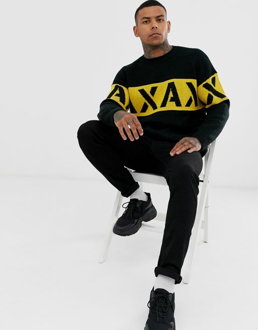 Armani Exchange color block logo sweater in black and yellow | ASOS