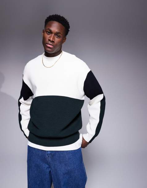 Armani Exchange colour block knitted jumper in white and navy - view 1