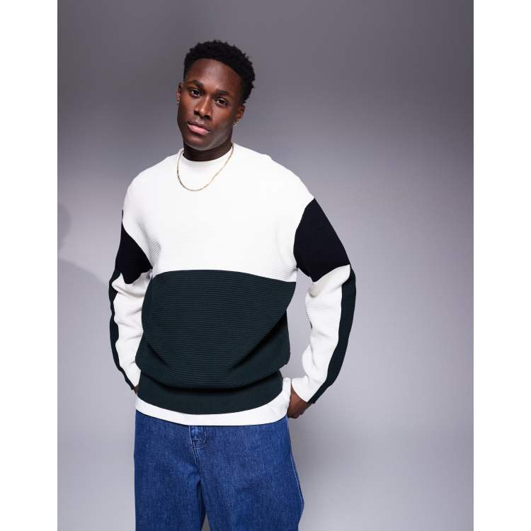 Armani Exchange colour block knitted jumper in white and navy ASOS