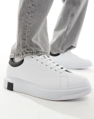 Armani Exchange contrast detail logo leather trainers in white/black