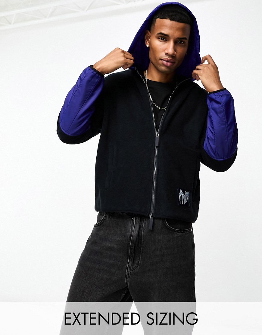 Armani Exchange contrast fabric fleece zip thru hoodie in black and blue