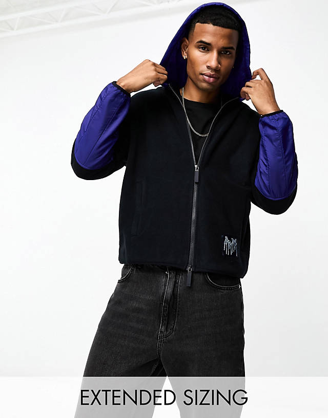 Armani Exchange - contrast fabric fleece zip thru hoodie in black and blue