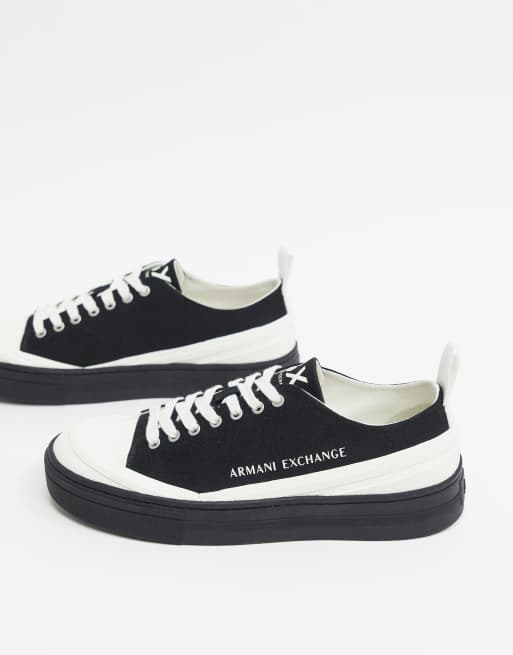 Armani Exchange contrast logo canvas sneakers with gum sole in black | ASOS