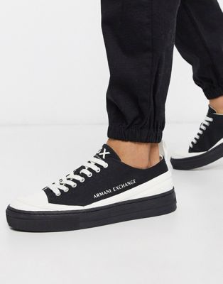 Armani Exchange contrast logo canvas trainers with gum sole in black